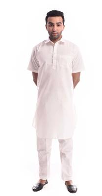 White Plain Cotton Pathani Suits 1