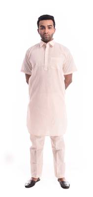 Beige Plain Cotton Pathani Suits 1