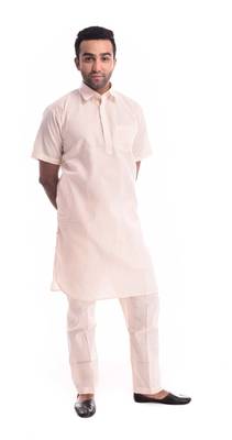 Beige Plain Cotton Pathani Suits 3