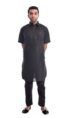 Black Plain Cotton Pathani Suits 1