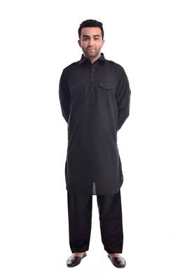 Black Plain Cotton Pathani Suits 1