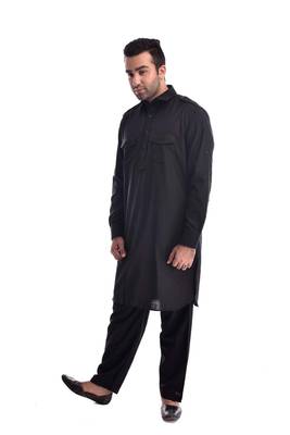 Black Plain Cotton Pathani Suits 3