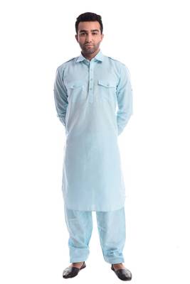Blue Plain Cotton Pathani Suits 1