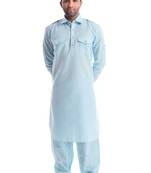 Blue Plain Cotton Pathani Suits