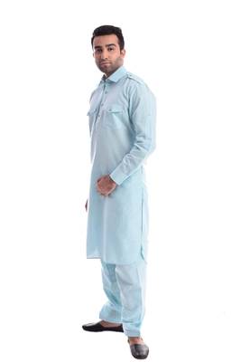 Blue Plain Cotton Pathani Suits 3