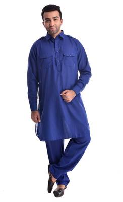 Blue Plain Cotton Pathani Suits 1