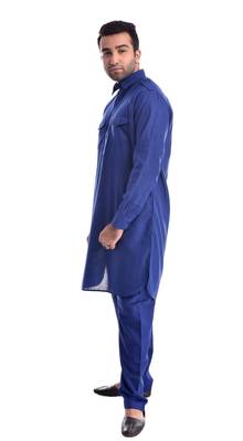 Blue Plain Cotton Pathani Suits 2