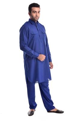Blue Plain Cotton Pathani Suits 3