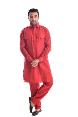Red Plain Cotton Pathani Suits 1