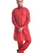 Red Plain Cotton Pathani Suits
