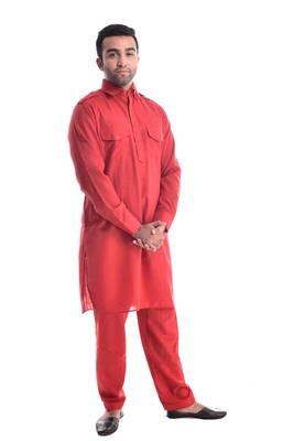 Red Plain Cotton Pathani Suits 3