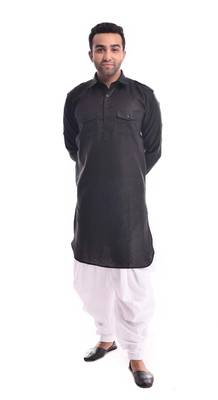 Black Plain Cotton Pathani Suits 1