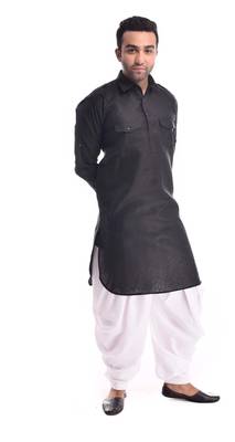 Black Plain Cotton Pathani Suits 3