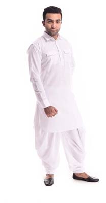 White Plain Cotton Pathani Suits 3