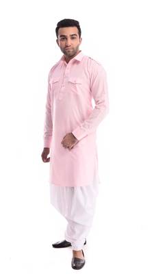 Pink Plain Cotton Pathani Suits 3