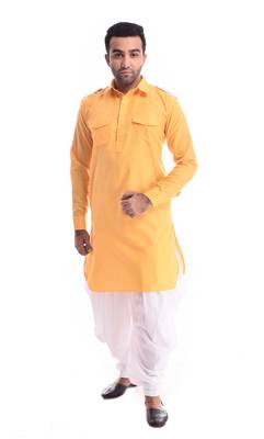 Yellow Plain Cotton Pathani Suits 1
