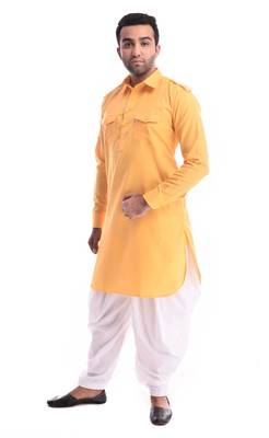 Yellow Plain Cotton Pathani Suits 3