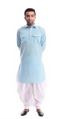 Blue Plain Cotton Pathani Suits 1