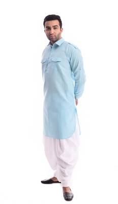 Blue Plain Cotton Pathani Suits 2