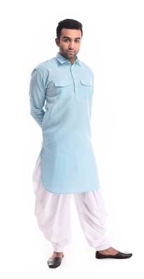 Blue Plain Cotton Pathani Suits 3