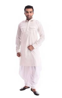 Beige Plain Cotton Pathani Suits 1