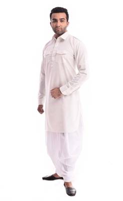 Beige Plain Cotton Pathani Suits 3