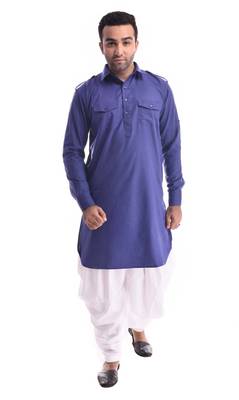 Blue Plain Cotton Pathani Suits 1