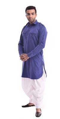 Blue Plain Cotton Pathani Suits 3