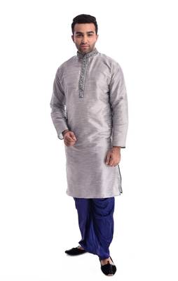 Grey Plain Silk Blend Dhoti Kurta 1