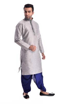 Grey Plain Silk Blend Dhoti Kurta 3