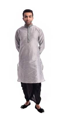Grey Plain Silk Blend Dhoti Kurta 1