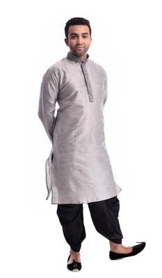 Grey Plain Silk Blend Dhoti Kurta 3
