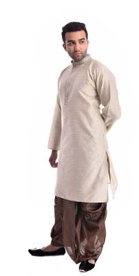 Beige Plain Silk Blend Dhoti Kurta 3