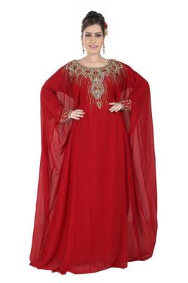 Red embroidered georgette islamic-kaftans 5
