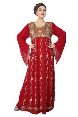 Red embroidered georgette islamic-kaftans 5