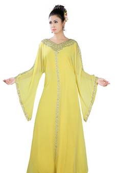 Yellow embroidered georgette islamic-kaftans