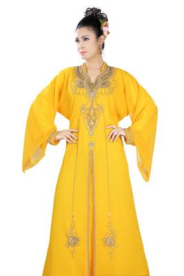 Yellow embroidered georgette islamic-kaftans 1