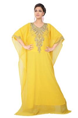 Yellow embroidered georgette islamic-kaftans 5