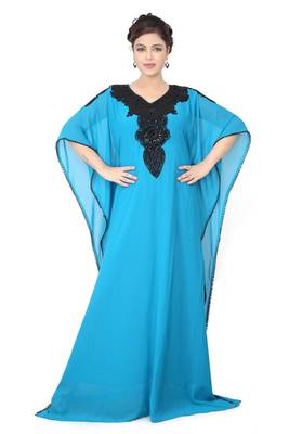 Turquoise embroidered georgette islamic-kaftans 1