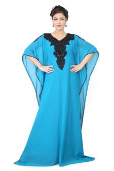 Turquoise embroidered georgette islamic-kaftans