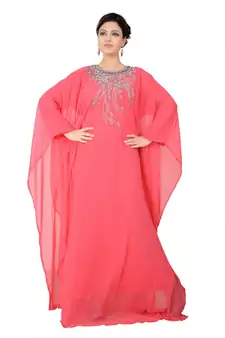 Peach embroidered georgette islamic-kaftans