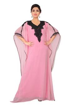 Baby-pink embroidered georgette islamic-kaftans