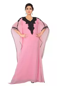 Baby-pink embroidered georgette islamic-kaftans