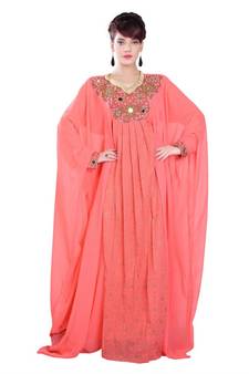 Peach embroidered georgette islamic-kaftans