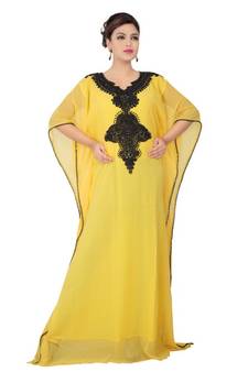 Yellow embroidered georgette islamic-kaftans