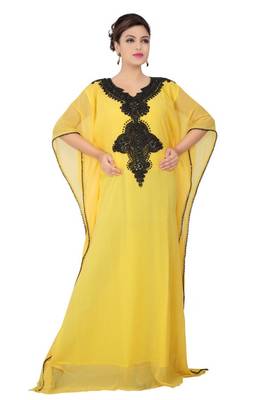 Yellow embroidered georgette islamic-kaftans 9