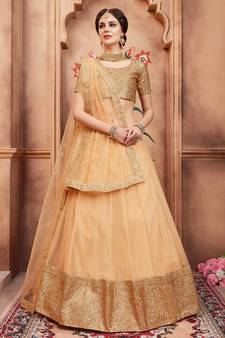 Beige Dori and Sequins Embroidered Semi Stitched Net Lehenga choli for wedding