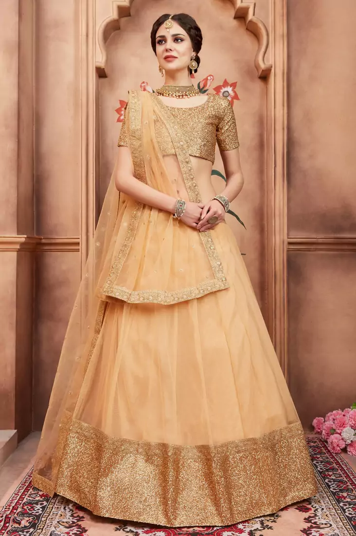 Beige Embroidered Net Semi Stitched wedding lehenga
