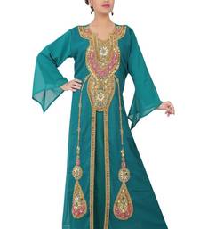 Teal-blue embroidered georgette islamic-kaftans