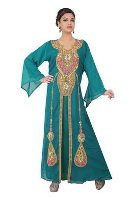 Teal-blue embroidered georgette islamic-kaftans 3